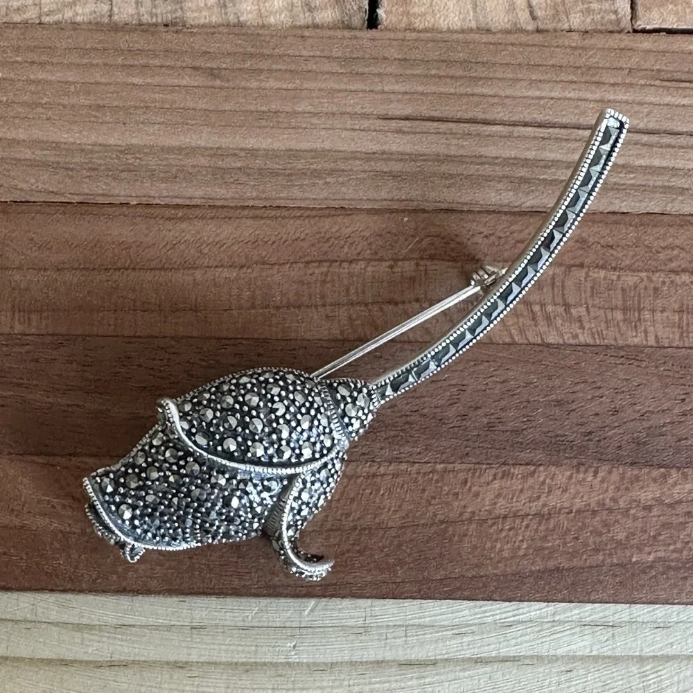 VTG Sterling Silver 925 Marcasite Rose Tulip Flower Brooch 3 Inch 11.3g Deco MCM